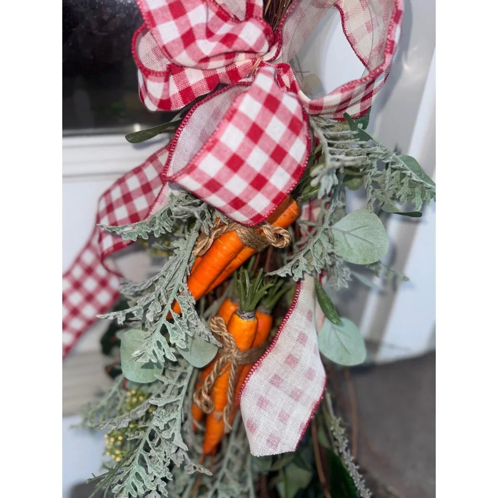 Rustic Garden Shabby Chic Door Wreath Red Gingham Bow Spring Farmhouse Decor 26